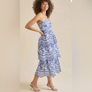 NWT ALTAR’D STATE Blue & White Strapless Tiered Midi Dress